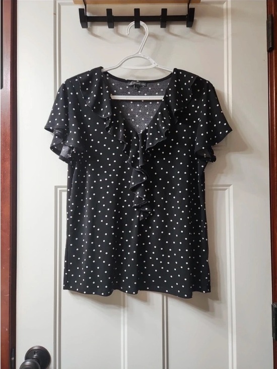 Adrianna Papell Tops - Adrianna Papell Black Polka Dot Ruffle V-Neck Blouse